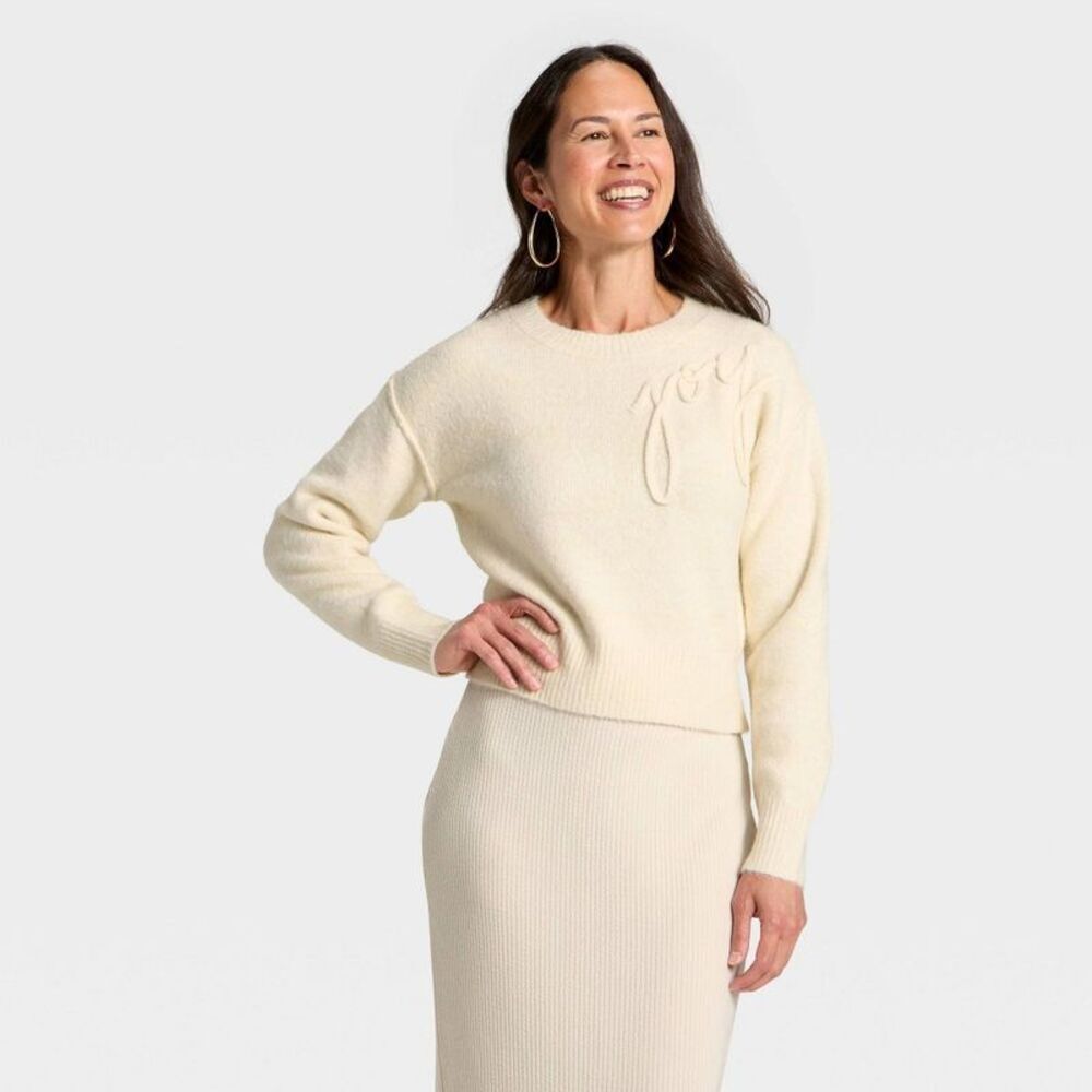 Women's Holiday Crewneck Pullover Sweater - Universal Thread Cream Letters S
